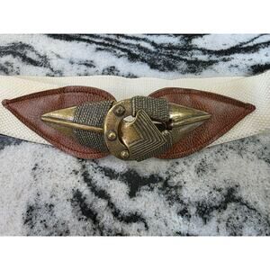 Vintage Cream Woven Belt Interlocking Brass Buckle Boho Tribal 28"